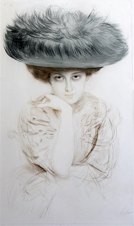 Paul Cesar Helleu (1859-1927) Portrait of a lady wearing an elaborate hat 23.5 x 14.75in.